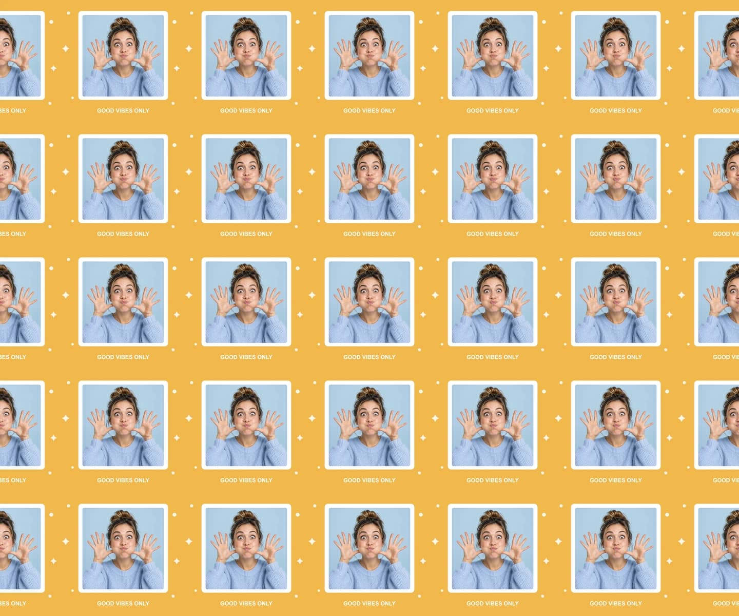 Yellow repeating wrapping-paper pattern with the funny face and Good Vibes Only note