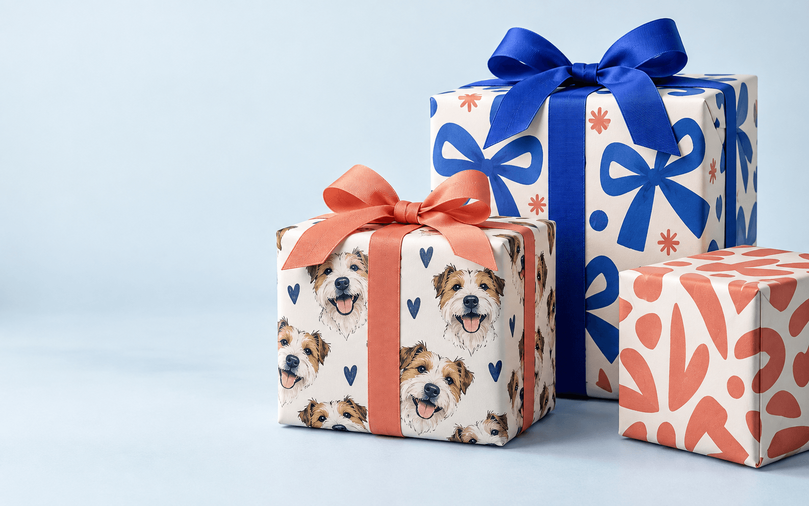 Gift wrapped in playful paper featuring a happy dog