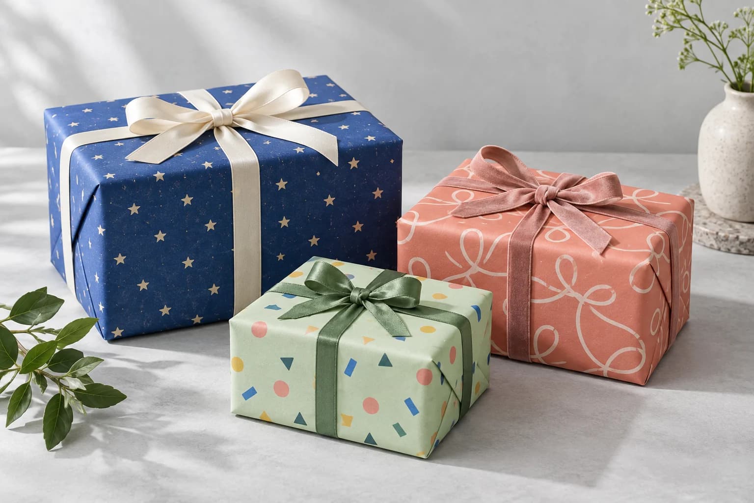 Three gifts in non-personalized star, ribbon-loop, and confetti wrapping paper designs
